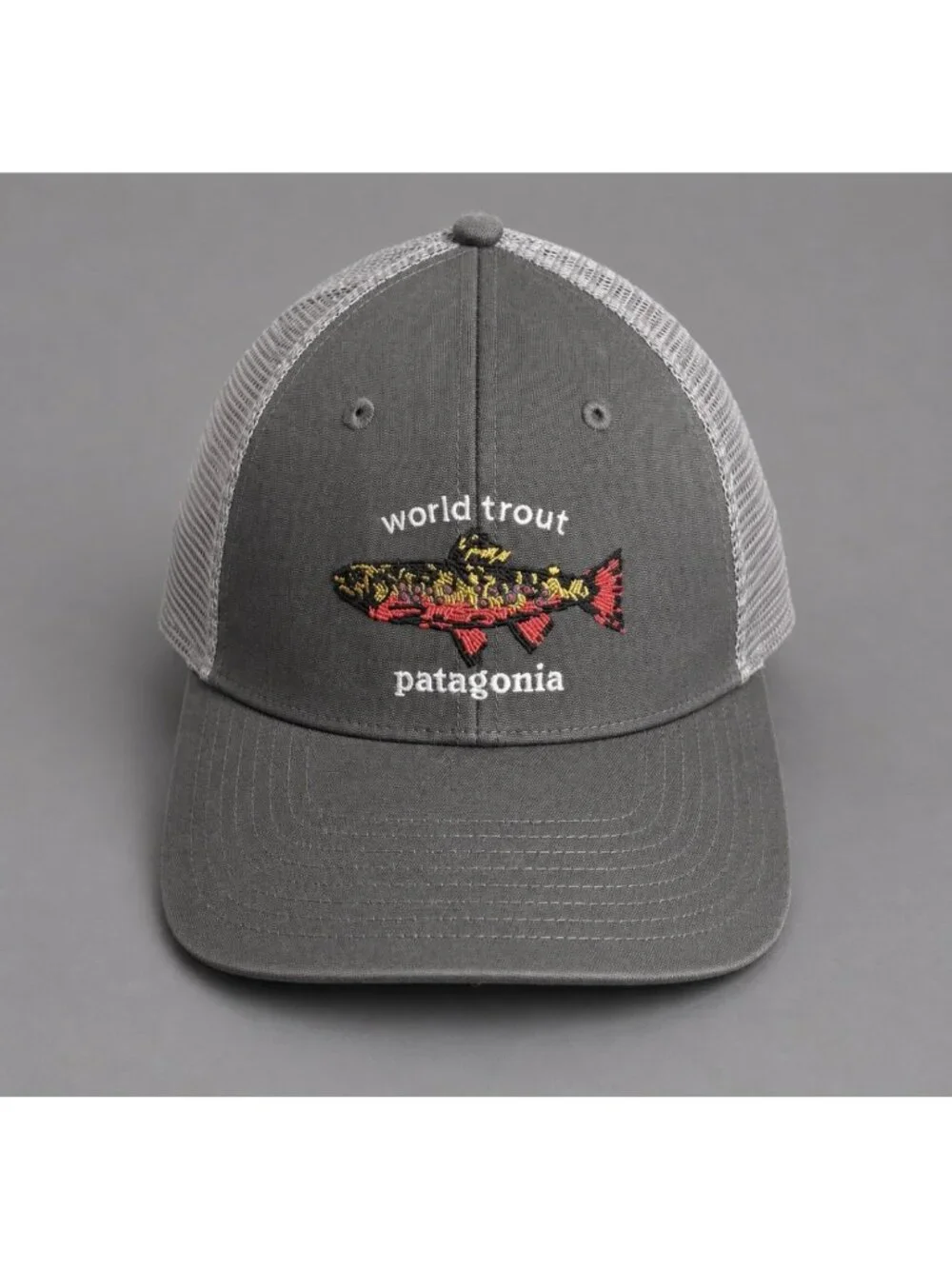 PATAGONIA World Trout Fish Mens Gray Baseball Cap Mesh Trucker Hat